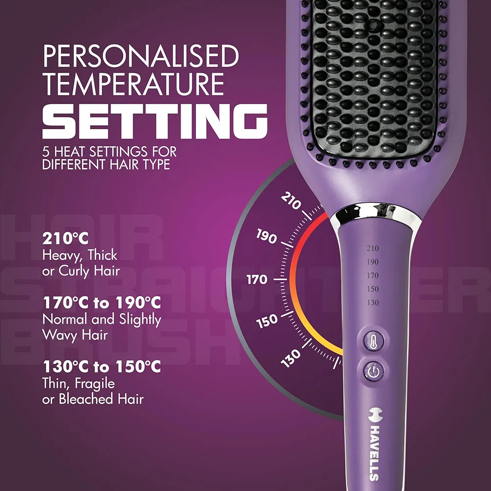 Havells Keratin Infused Hair Straightener Brush With Temperature Control For All Hair Types | 50W | 