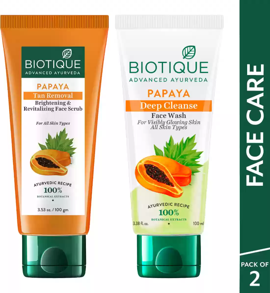 BIOTIQUE Face Care Combo Papaya Tan Removal Face Scrub  Papaya Deep Cleanse  Face Wash (200 G)
