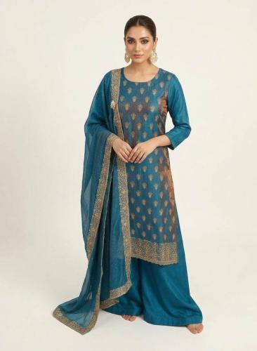 Elegant teal blue Embroidered Kurti Dupatta Set fo