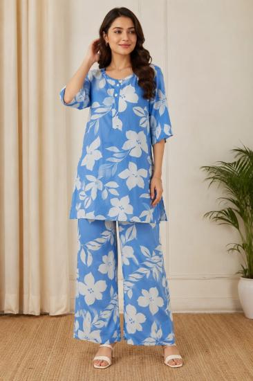 Blue Floral Printed Coord Set For Women