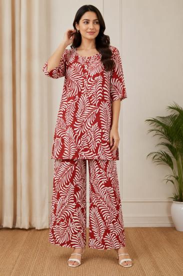 Rust Palm Leaf Printed Coord Set Set For Women