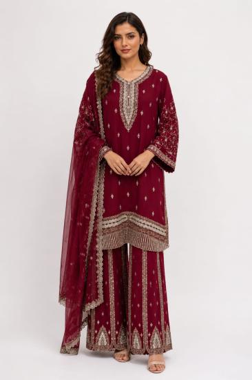 Royal Wine Embroidered Viscose Kurta Sharara Set With Dupatta