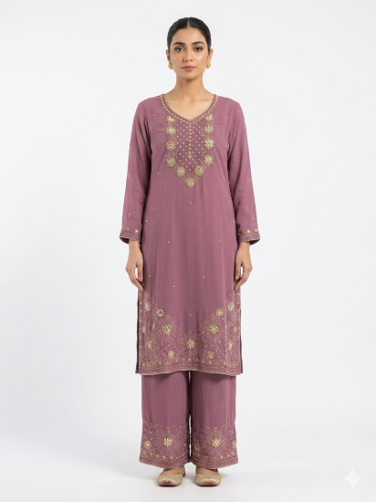 Women’s Dusty Mauve Embroidered Straight Kurta Palazzo Set