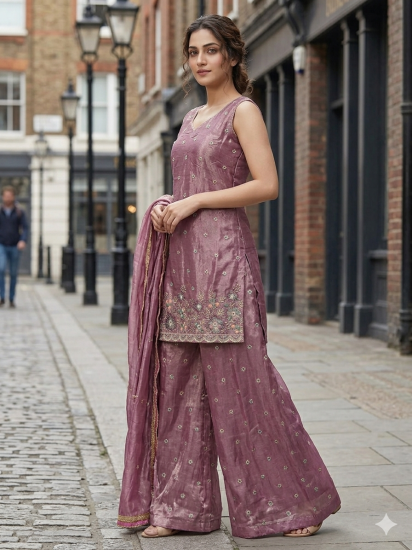 Elegant Dusty Mauve Embroidered Palazzo Suit Set