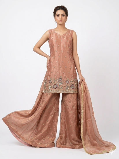 Elegant Peach Blush Embroidered Palazzo Suit Set