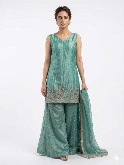 Elegant Sea Green Embroidered Palazzo Suit Set