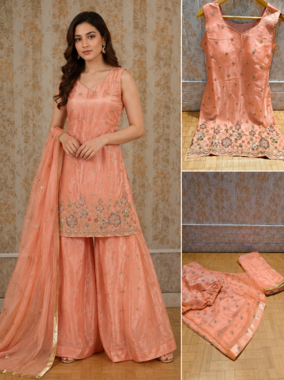 Elegant Peach Pink Embroidered Palazzo Suit Set