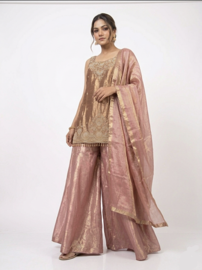 Elegant Rose Gold Embroidered Palazzo Suit Set