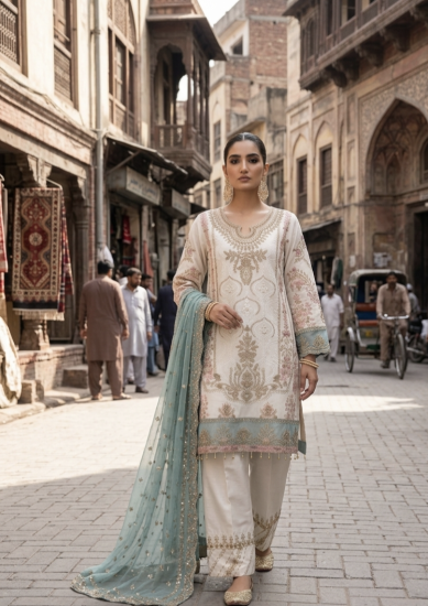 Elegant Ivory Embroidered Suit Set With Powder Blue Dupatta